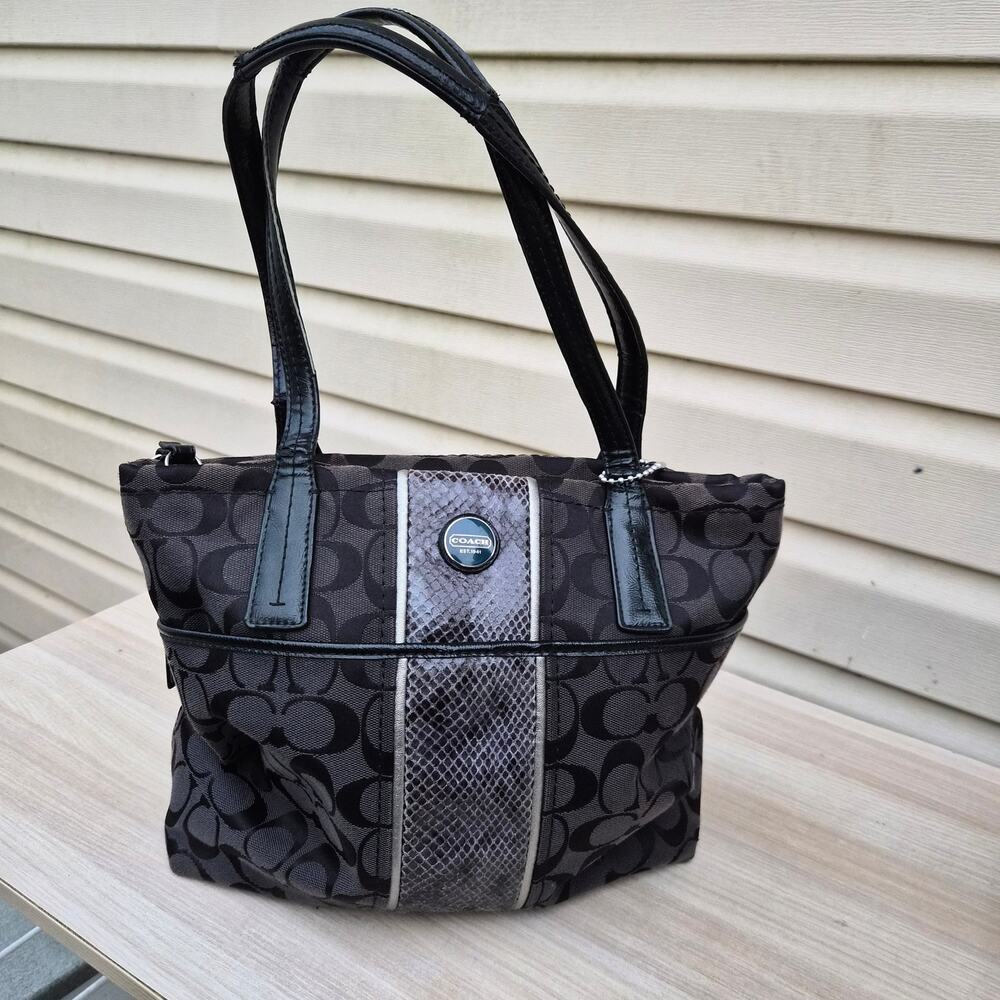 Coach Signature Stripe Python Tote Black Gray Jacquard Handbag F25706